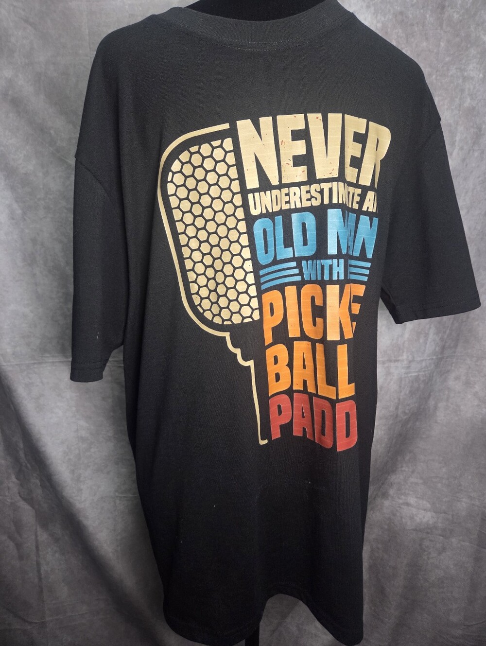 Never Underestimate An Old Man with Pickleball Paddle Graphic Tee - Black